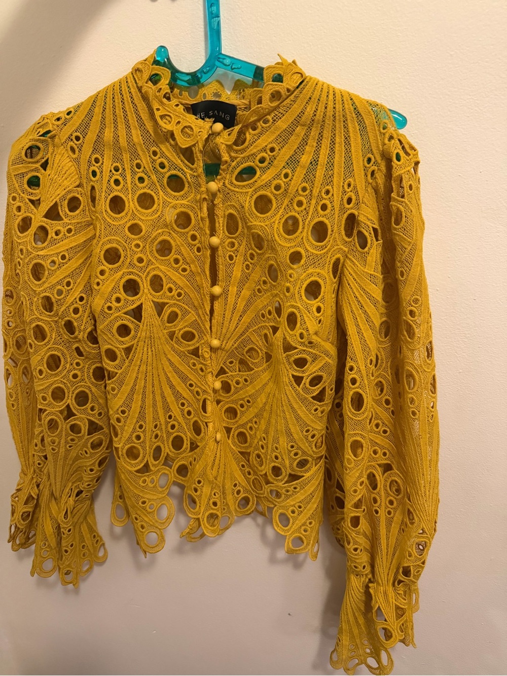 Mustard Lace Cutout Button-Front Blouse